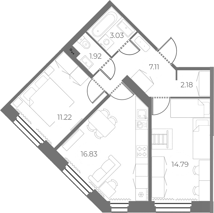 2-комнатная квартира 57.08 м², 2/18 эт., ЖК «Огни Залива»